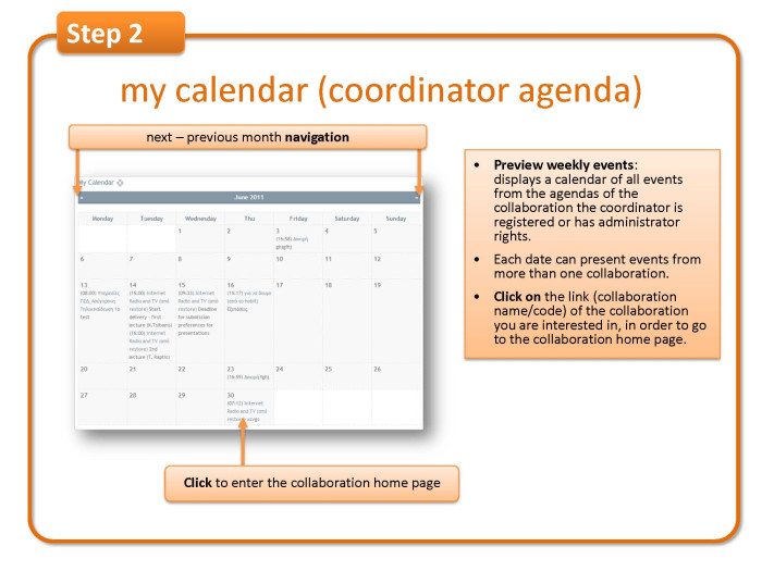 Step 2: my calendar (coordinator agenda) 