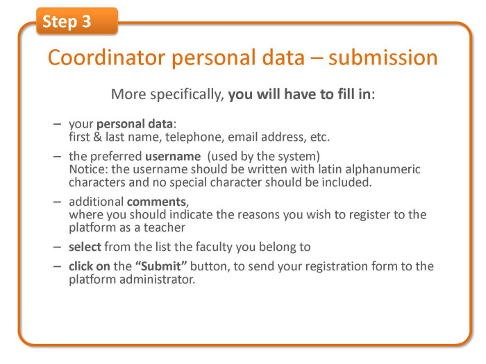 Step 3: coordinator personal data & form submission 